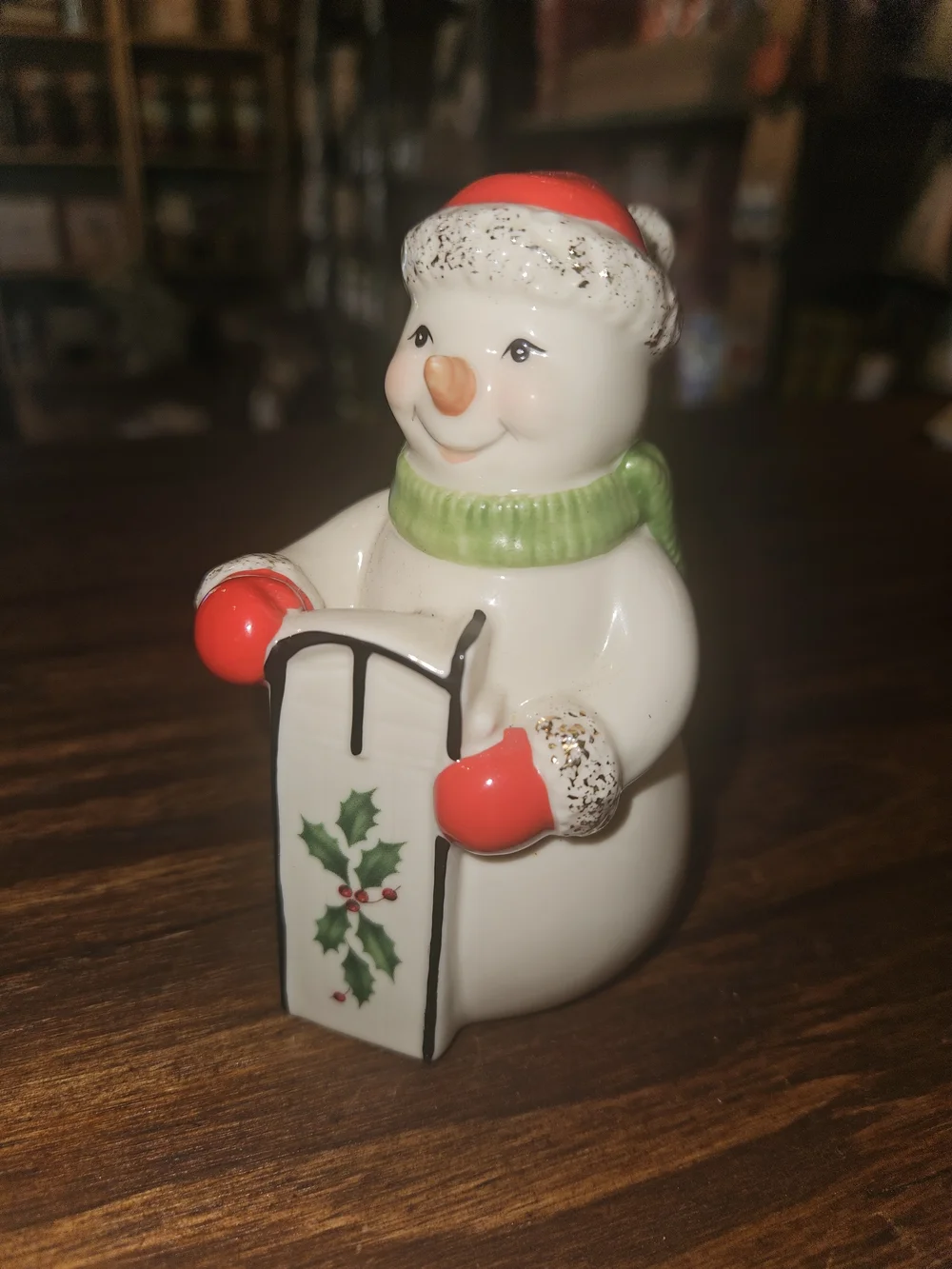 LENOX Holiday Snowman Ceramic Salt and Pepper Shakers - Green and White